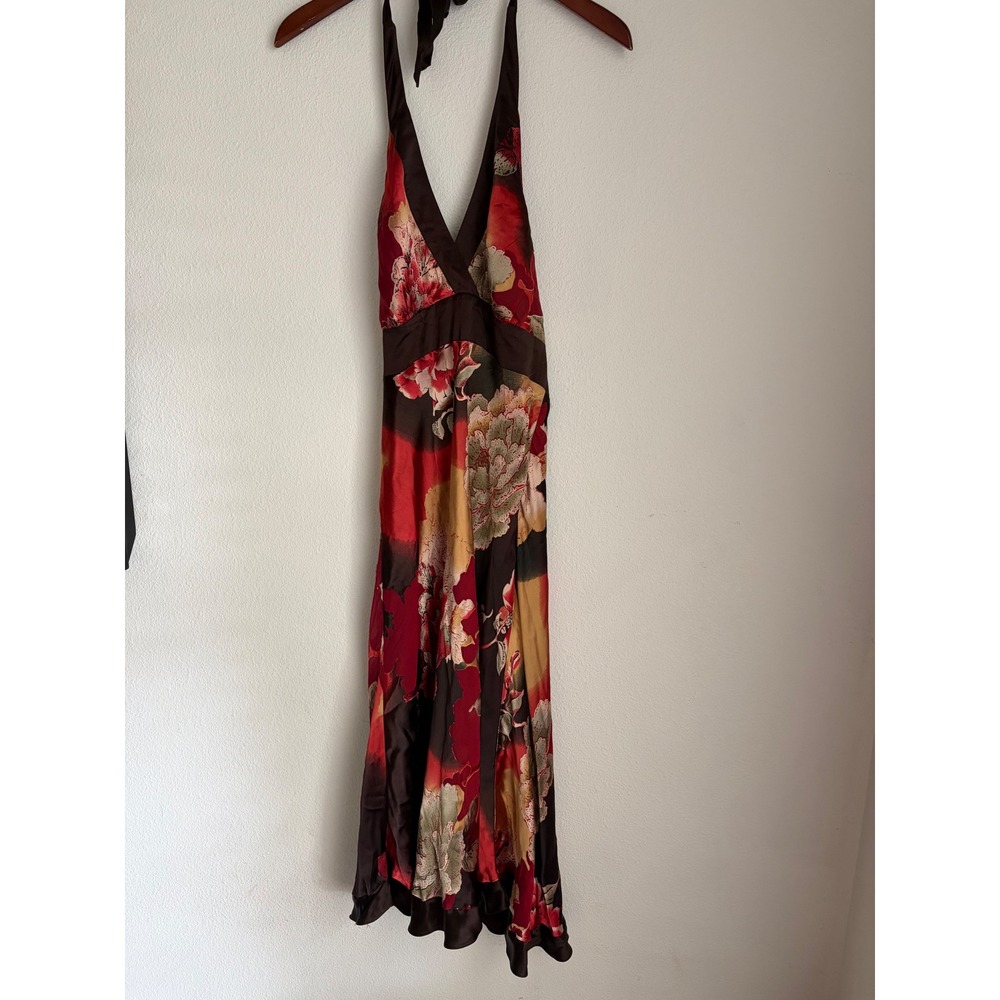 Vintage Cache Floral Halter Maxi Dress Brown Red Satin Y2K Style 6
